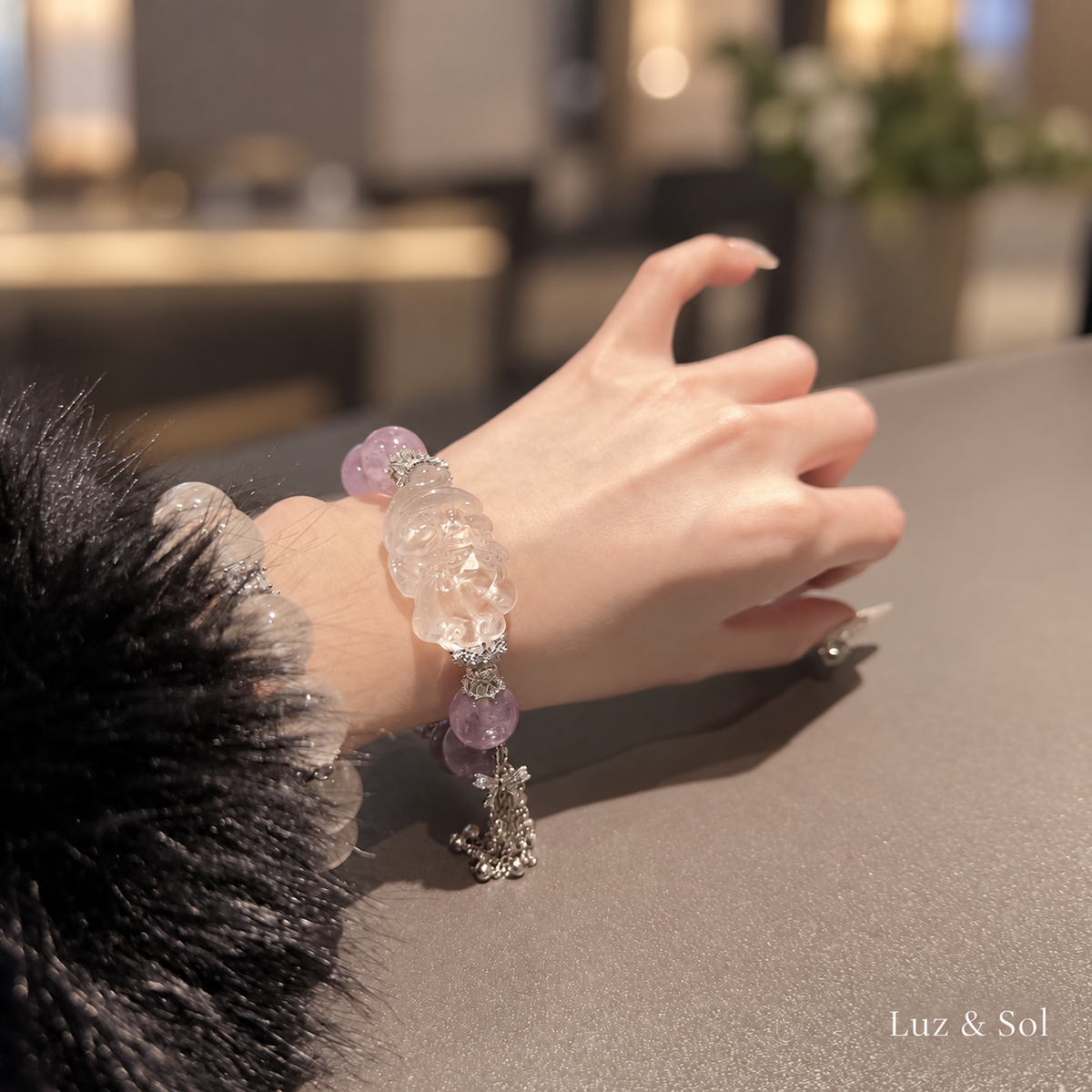 14mm Amethyst Bracelet Nine-Tailed Fox Charm Large Bead Vintage