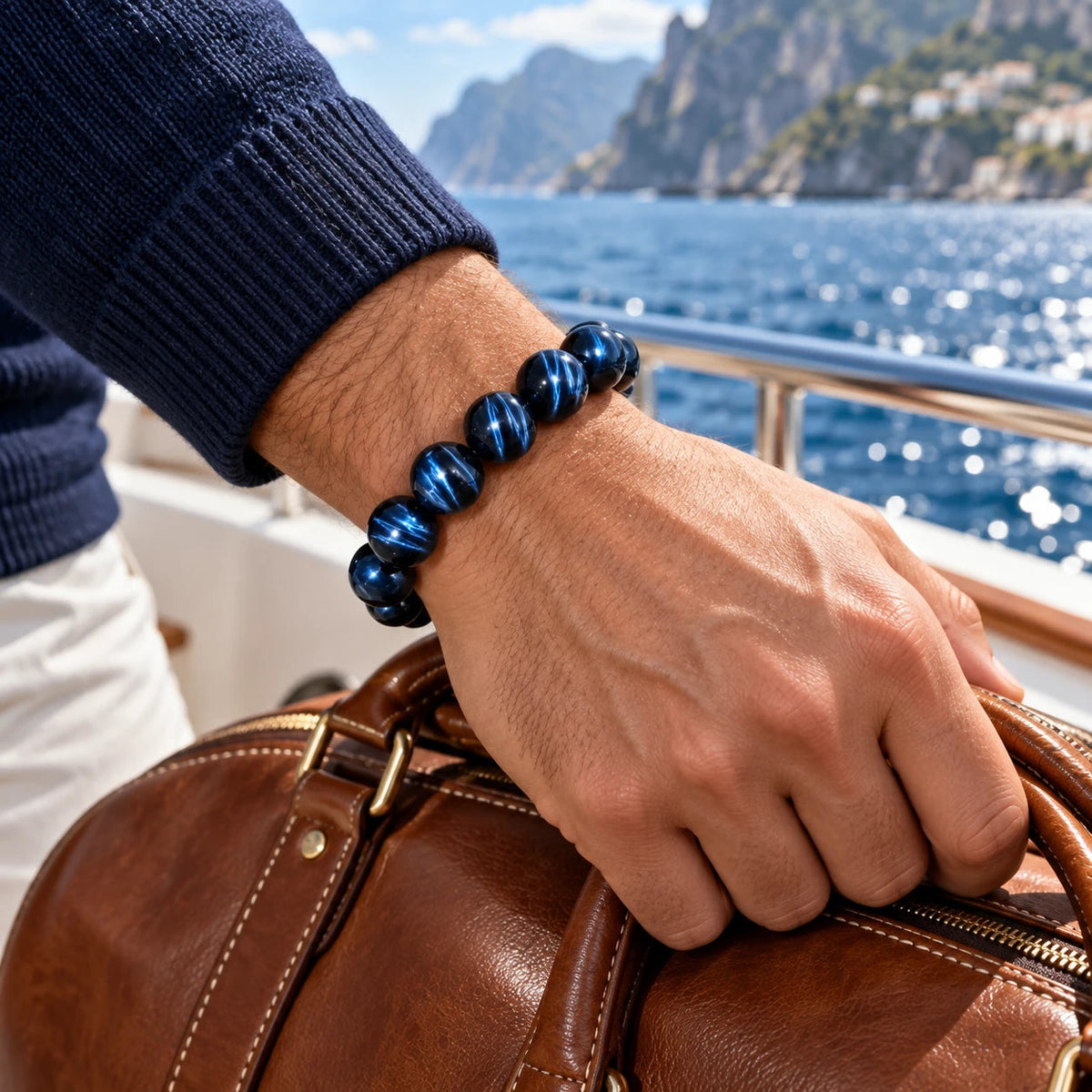 Blue Tiger Eye Statement Bracelet — natural crystal for him scene 1
