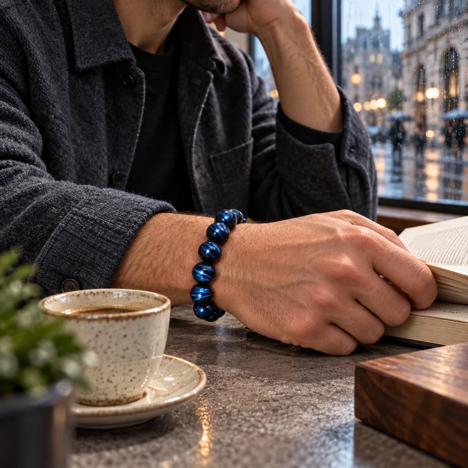 Blue Tiger Eye Statement Bracelet — natural crystal for him scene 3