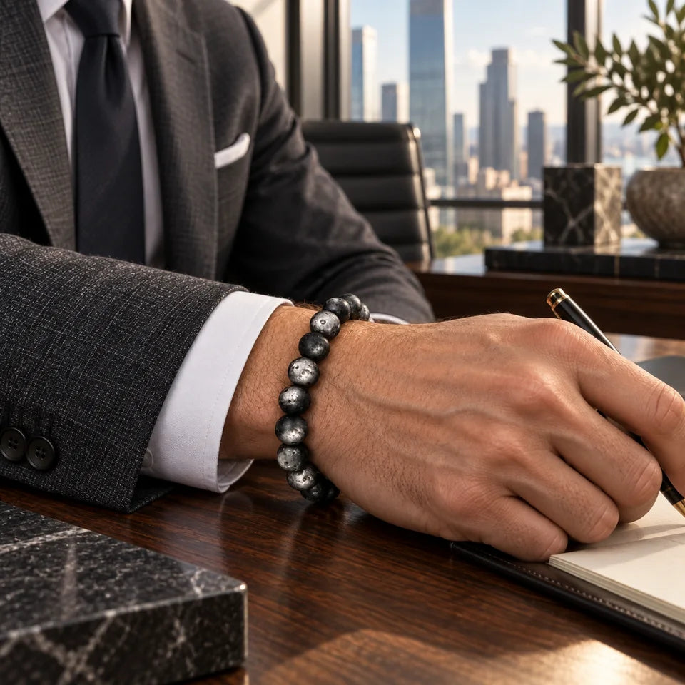 Moon-Crater Silver Obsidian Bracelet — natural crystal for him scene 3