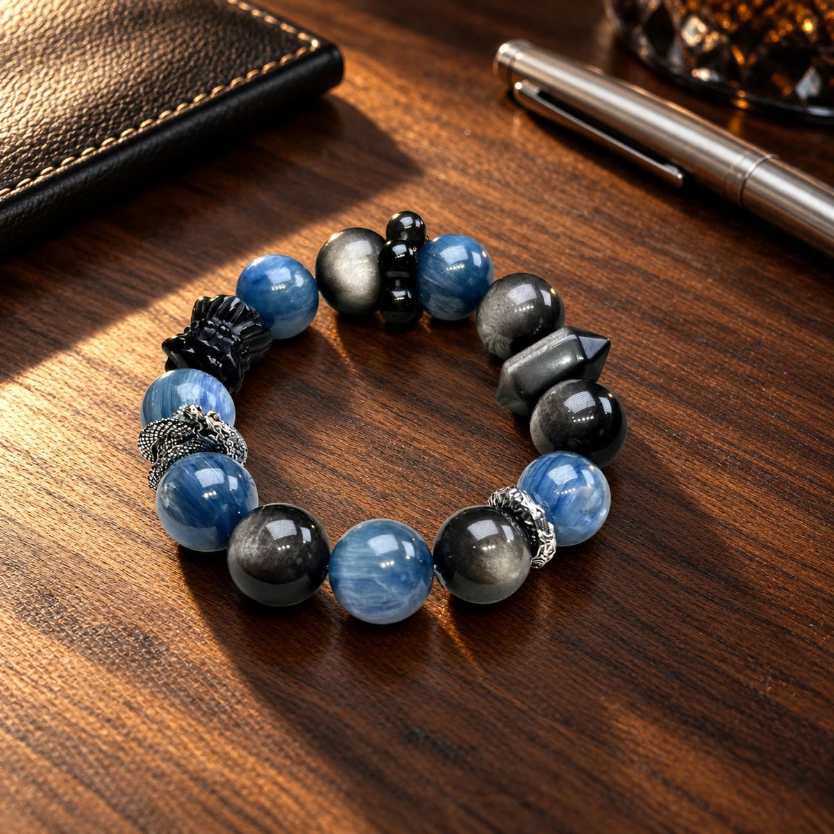 14mm Silver Obsidian Kyanite Bracelet — natural crystal for him scene 2