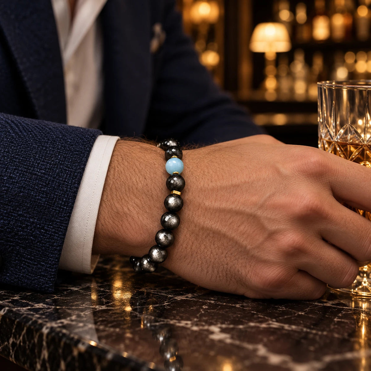 Black Obsidian Aquamarine Bracelet — natural crystal for him scene 1