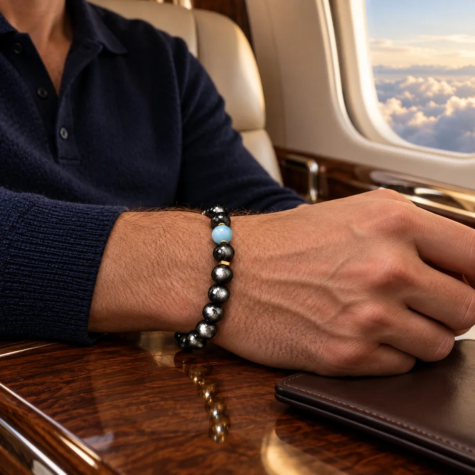 Black Obsidian Aquamarine Bracelet — natural crystal for him scene 3