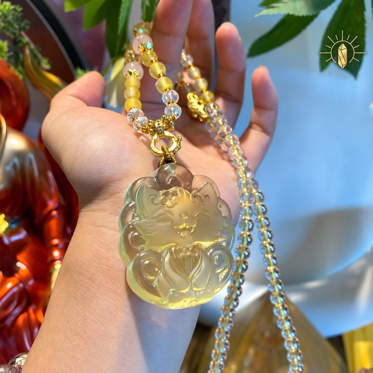 Yellow carved fox pendant necklace, view 6