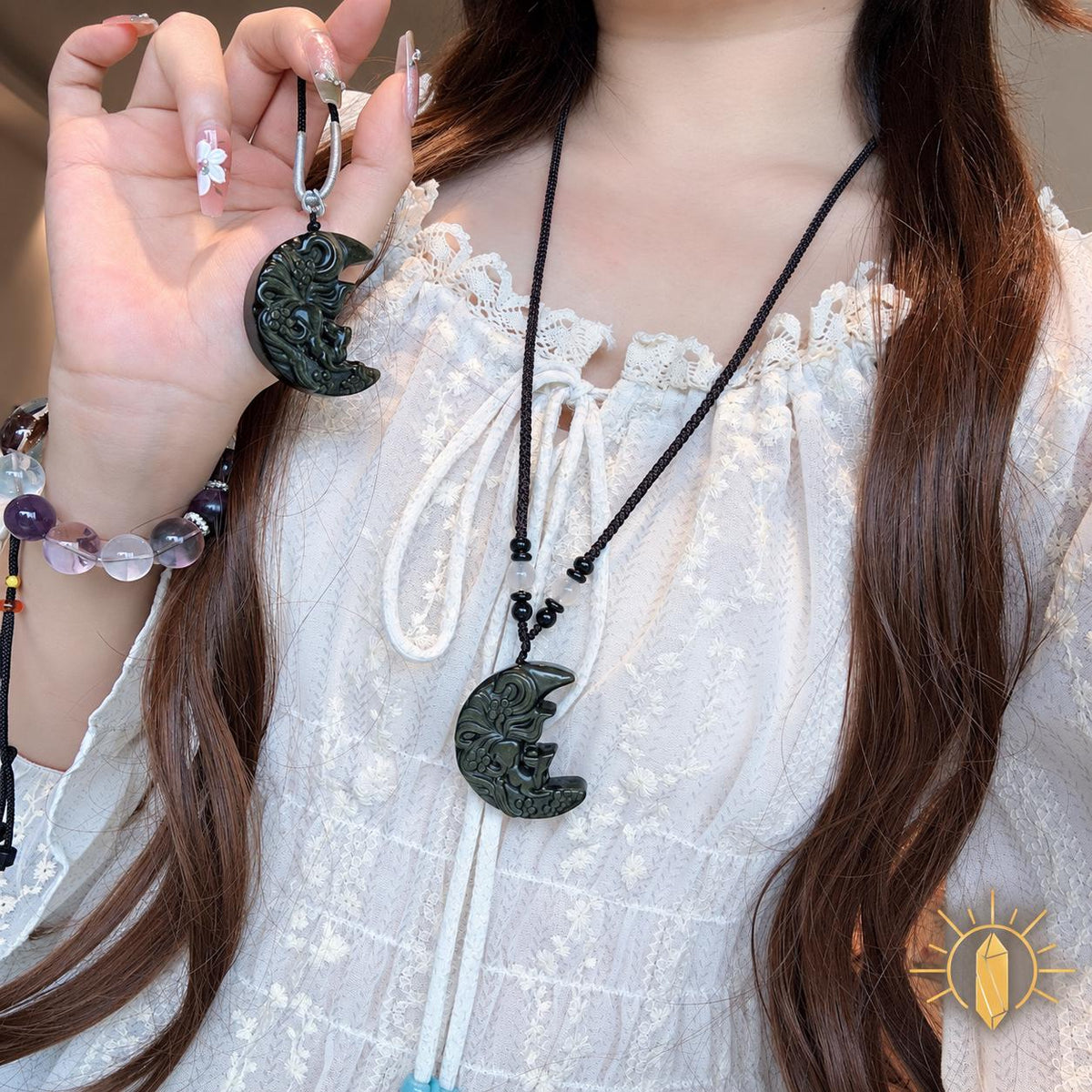 Obsidian crescent fox pendant necklace, view 2