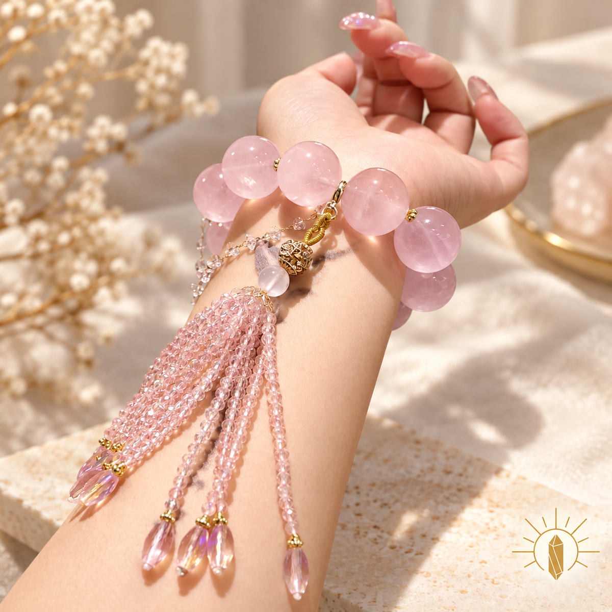 18mm Rose Quartz Bracelet Large Bead Ornate Grapefruit Pink Artisan Design — Luz & Sol product photograph