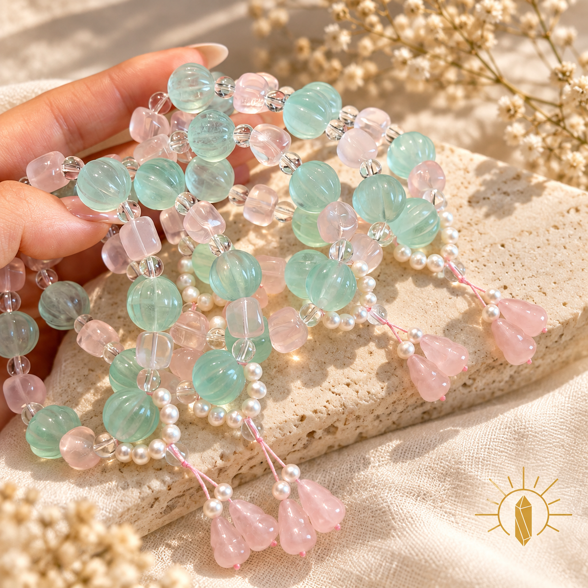 Rose Quartz and Green Fluorite Bracelet Pumpkin Beads — Luz & Sol product photograph