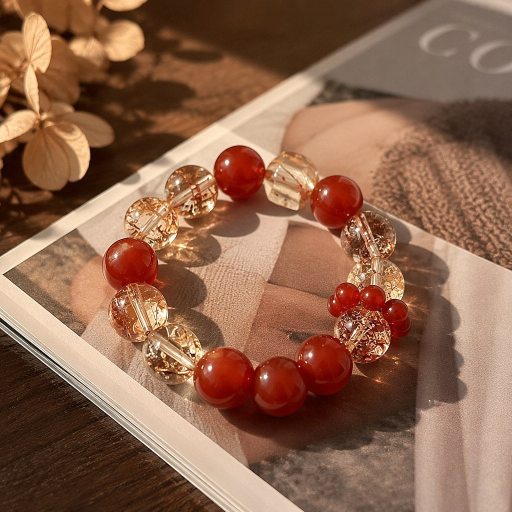 Blazing Sun Agate bracelet with cherry-red agate rounds, gold-foil flecked champagne quartz beads and a faceted strawber