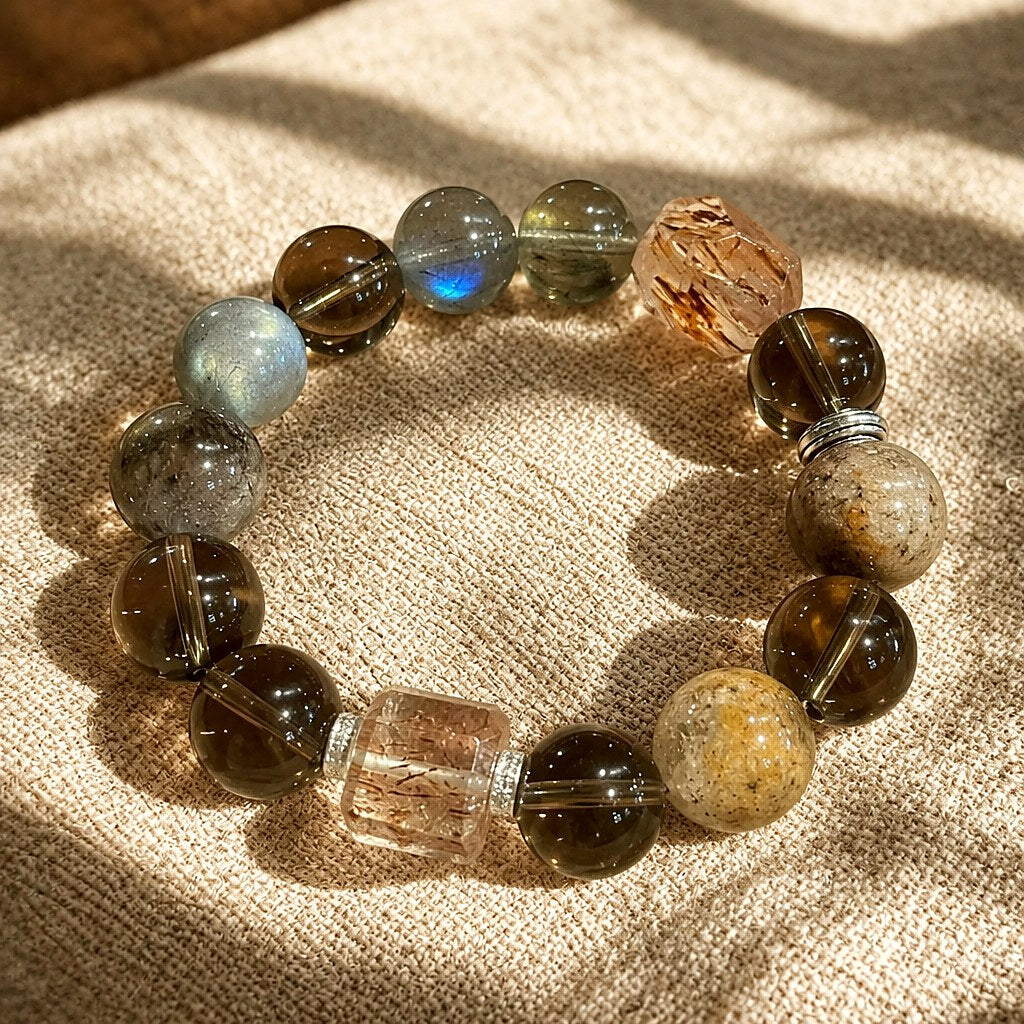 Tierra Dorada super seven, smoky quartz, green phantom quartz and moonstone beaded stretch bracelet in earthy brown, sag