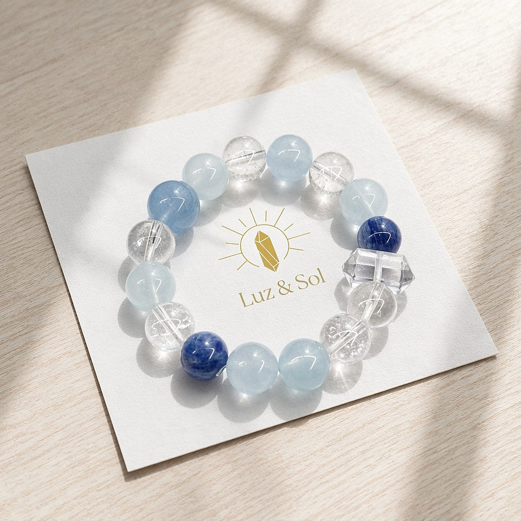 Aura of Serenity aquamarine, kyanite and clear quartz beaded stretch bracelet with faceted double-terminated clear quart
