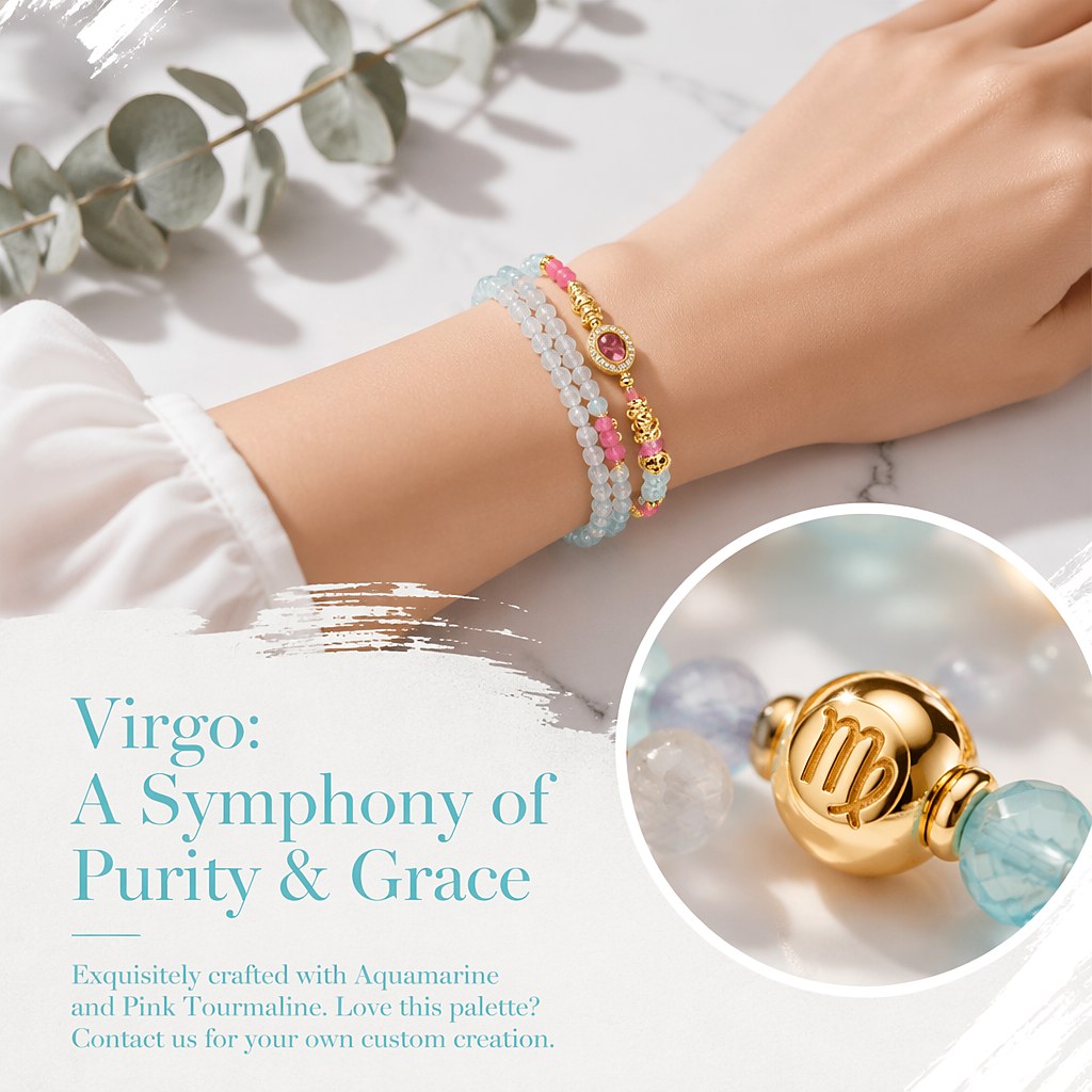 Virgo zodiac wrap bracelet with faceted aquamarine and pink tourmaline mini beads, gold-tone heart charm and silk tassel