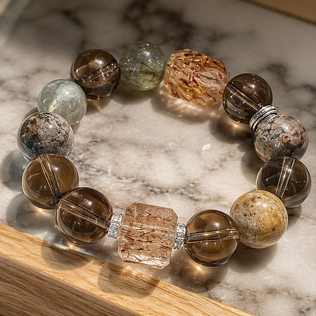 Tierra Dorada super seven, smoky quartz, green phantom quartz and moonstone beaded stretch bracelet in earthy brown, sag