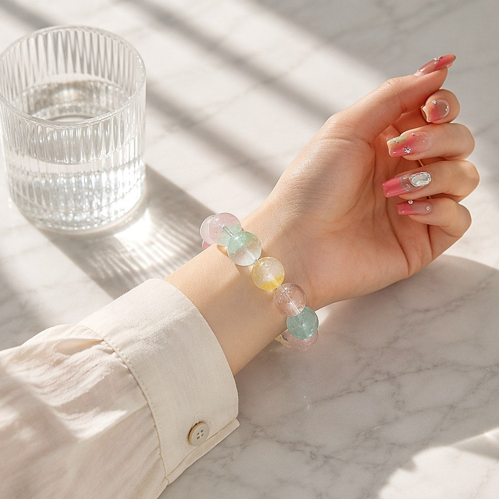 Rainbow Candy crystal bracelet with chunky pastel beads of rose quartz, green fluorite, amethyst, yellow fluorite and ci