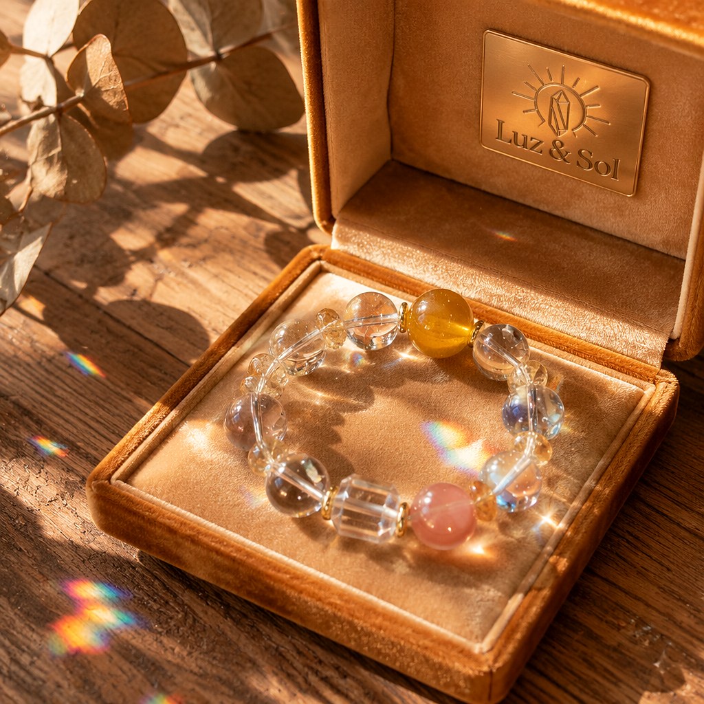 Inner Light citrine bracelet with golden citrine focal bead, clear quartz rounds and pink strawberry quartz accents