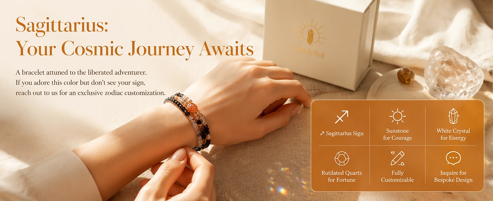 Sagittarius zodiac triple-wrap bracelet with black tourmaline beads, a 7mm sunstone statement bead, clear quartz spacers