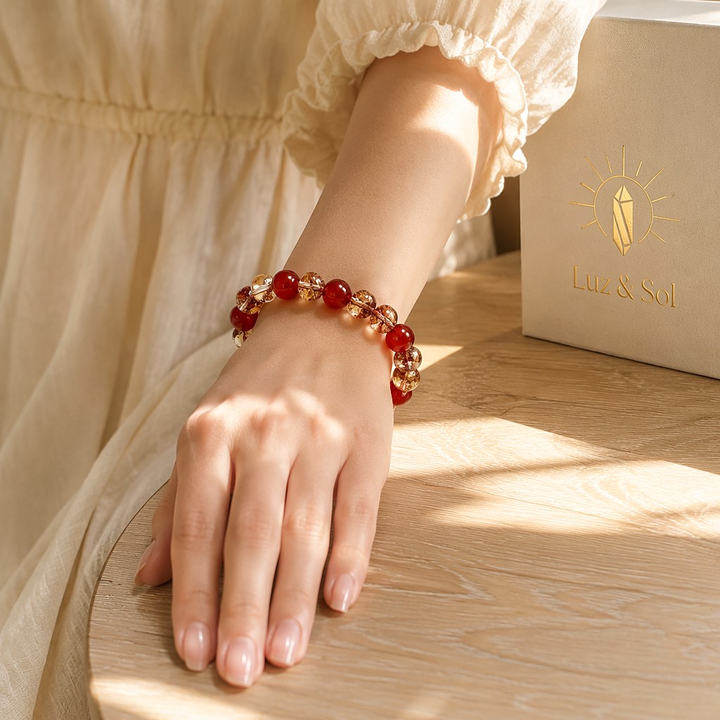 Blazing Sun Agate bracelet with cherry-red agate rounds, gold-foil flecked champagne quartz beads and a faceted strawber