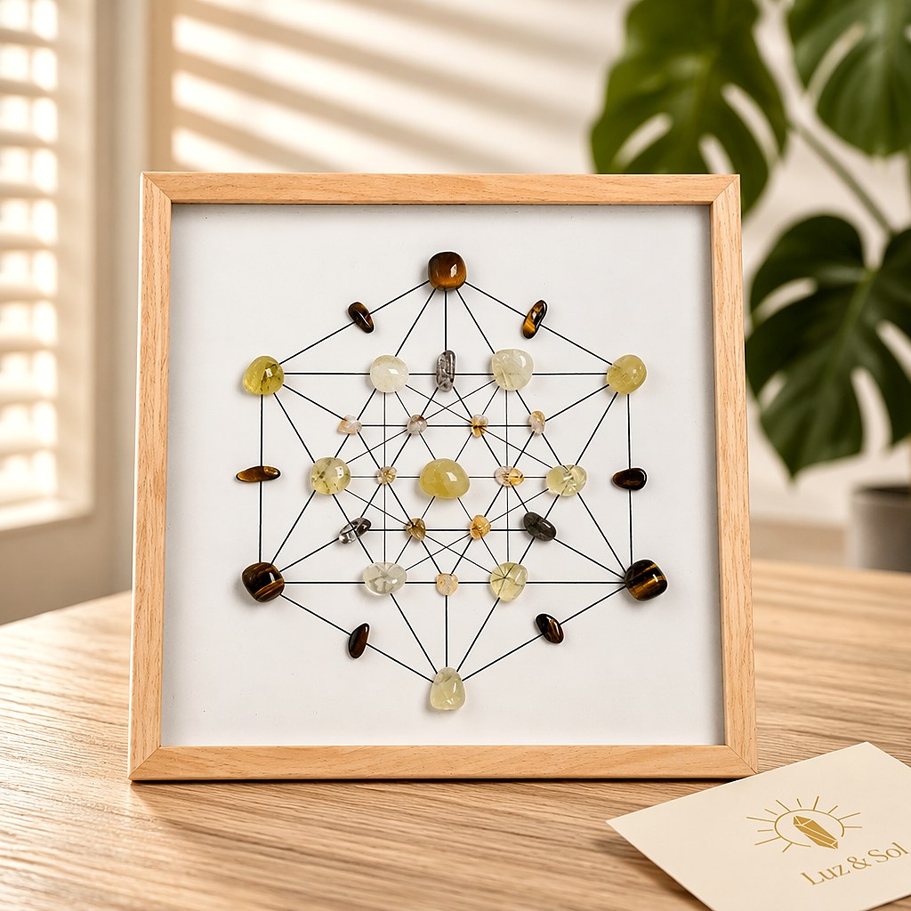 Citrine, tiger's eye and smoky quartz crystal grid set in a square natural light-wood frame, hexagonal Metatron's cube l
