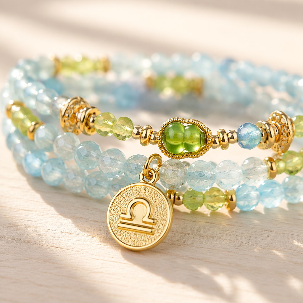 Libra zodiac triple-wrap bracelet with faceted aquamarine and 3mm prehnite mini beads, gold-tone gourd charm and silk ta