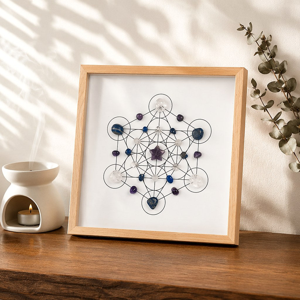 Light natural wood framed Metatron's Cube crystal grid with a carved faceted amethyst star centerpiece, navy lapis lazul