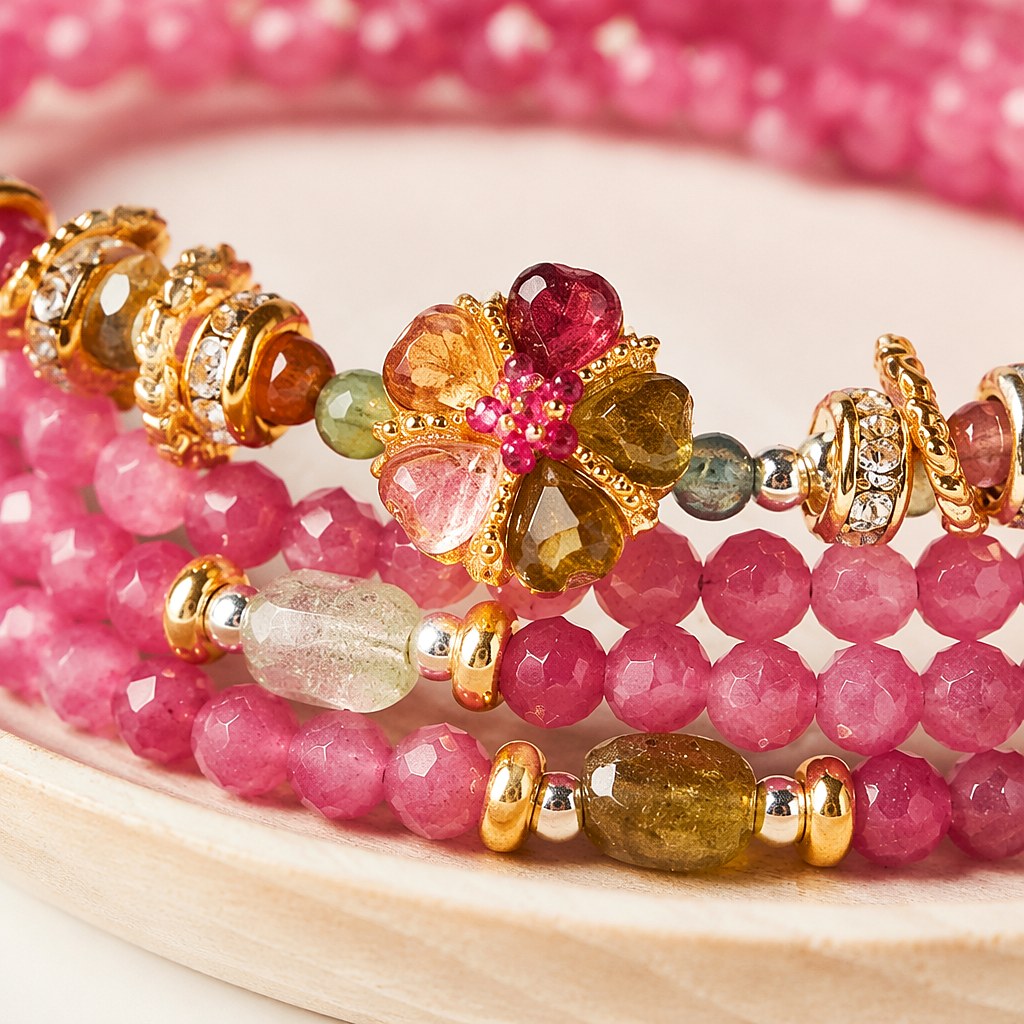 Gemini zodiac triple-wrap bracelet in faceted pink and multicolor tourmaline with sterling silver five-petal flower char