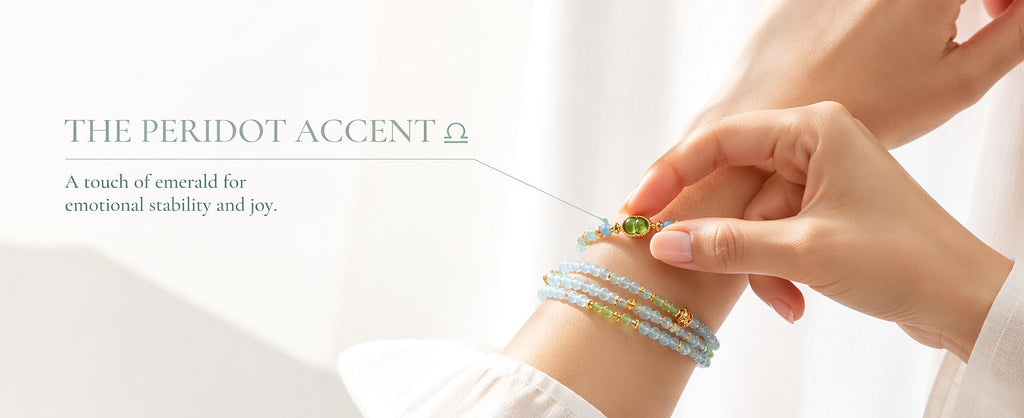 Libra zodiac triple-wrap bracelet with faceted aquamarine and 3mm prehnite mini beads, gold-tone gourd charm and silk ta