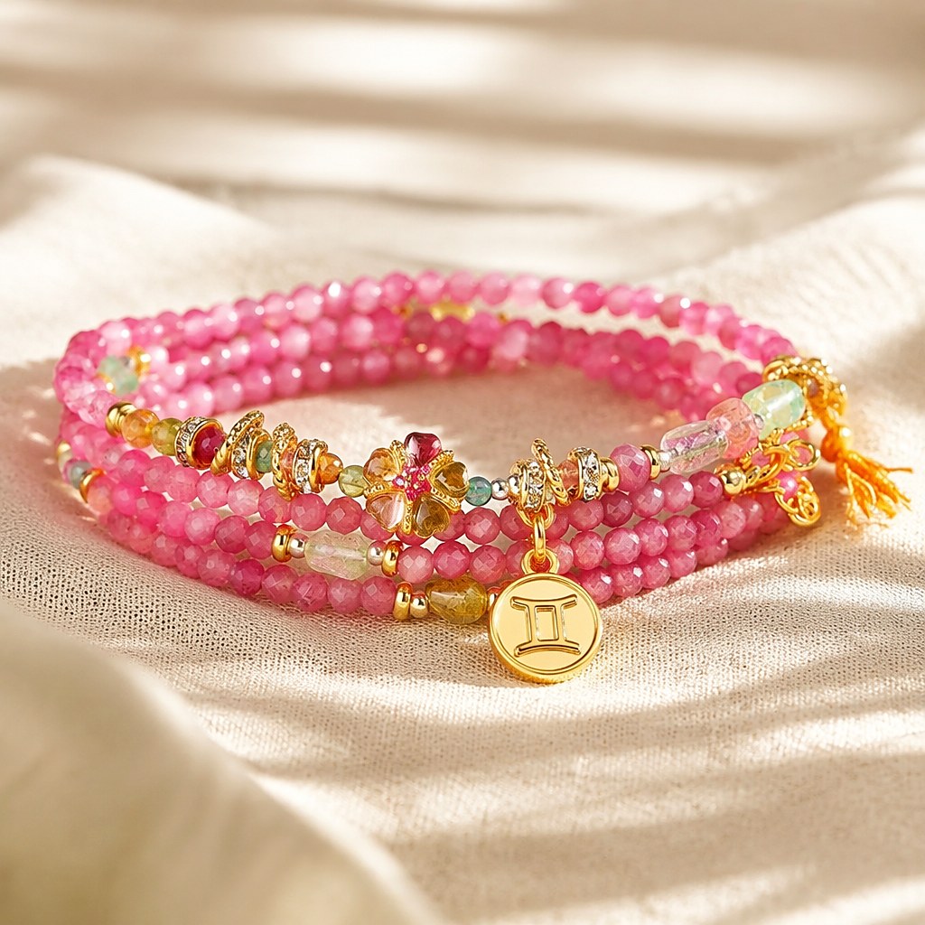 Gemini zodiac triple-wrap bracelet in faceted pink and multicolor tourmaline with sterling silver five-petal flower char