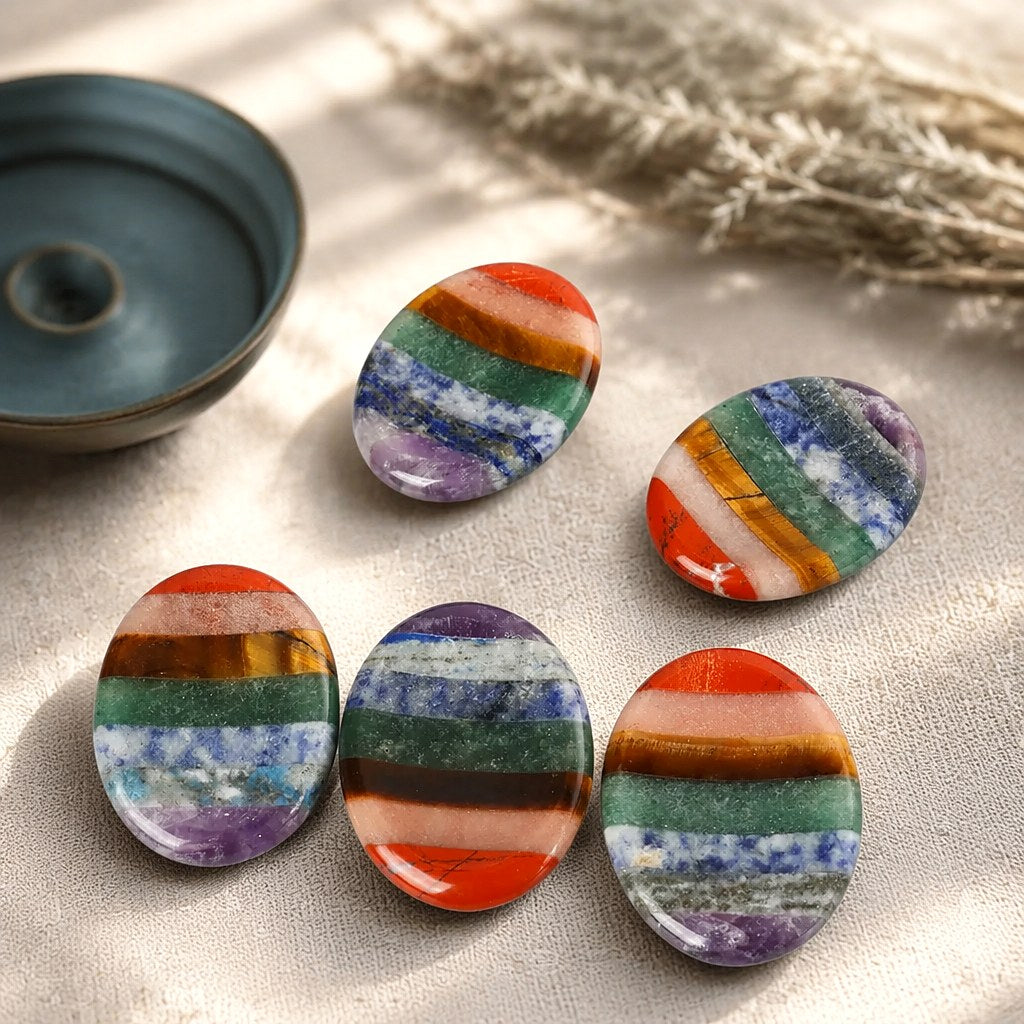 Seven Skies 7 chakra gua sha stone — oval palm stone with polished bands of red jasper, orange aventurine, tiger's eye, 