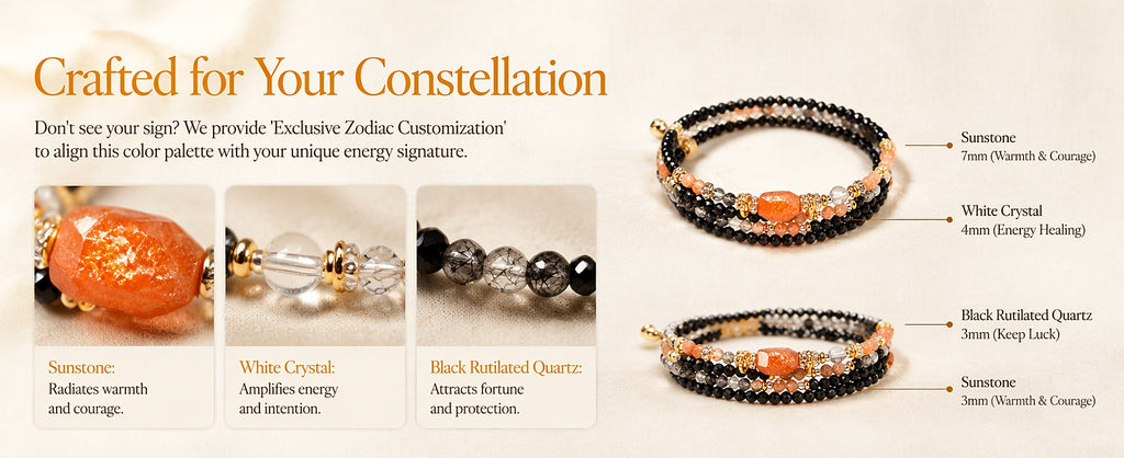 Sagittarius zodiac triple-wrap bracelet with black tourmaline beads, a 7mm sunstone statement bead, clear quartz spacers