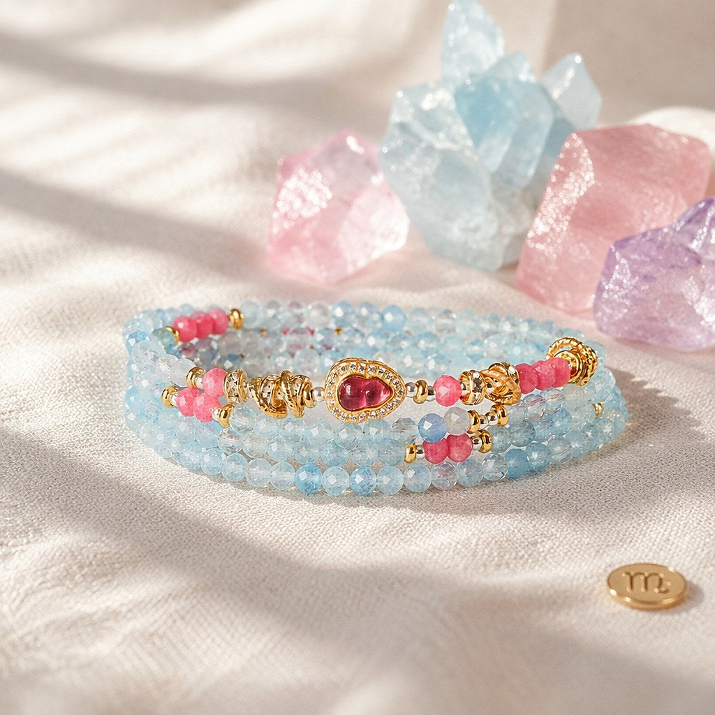 Virgo zodiac wrap bracelet with faceted aquamarine and pink tourmaline mini beads, gold-tone heart charm and silk tassel