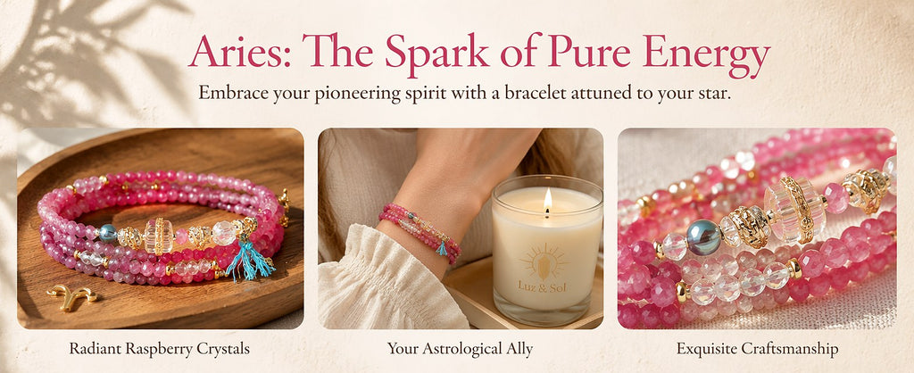 Aries zodiac triple-wrap bracelet with faceted pink tourmaline, clear quartz and aquamarine beads, gold-tone ram charm a