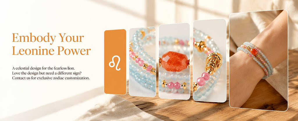 Leo zodiac triple-wrap bracelet with faceted blue aquamarine mini beads, 13mm sunstone statement bead, pink tourmaline a