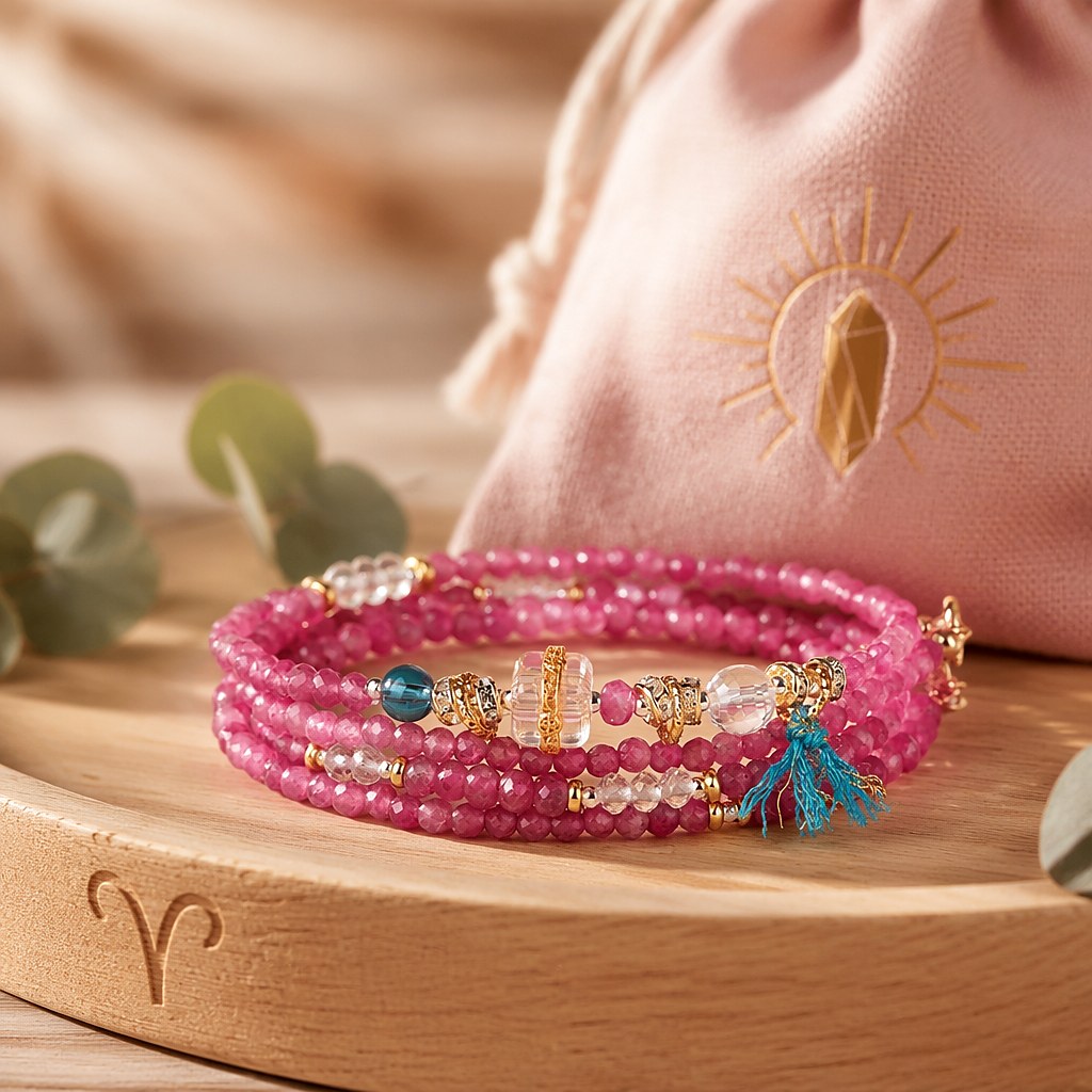 Aries zodiac triple-wrap bracelet with faceted pink tourmaline, clear quartz and aquamarine beads, gold-tone ram charm a