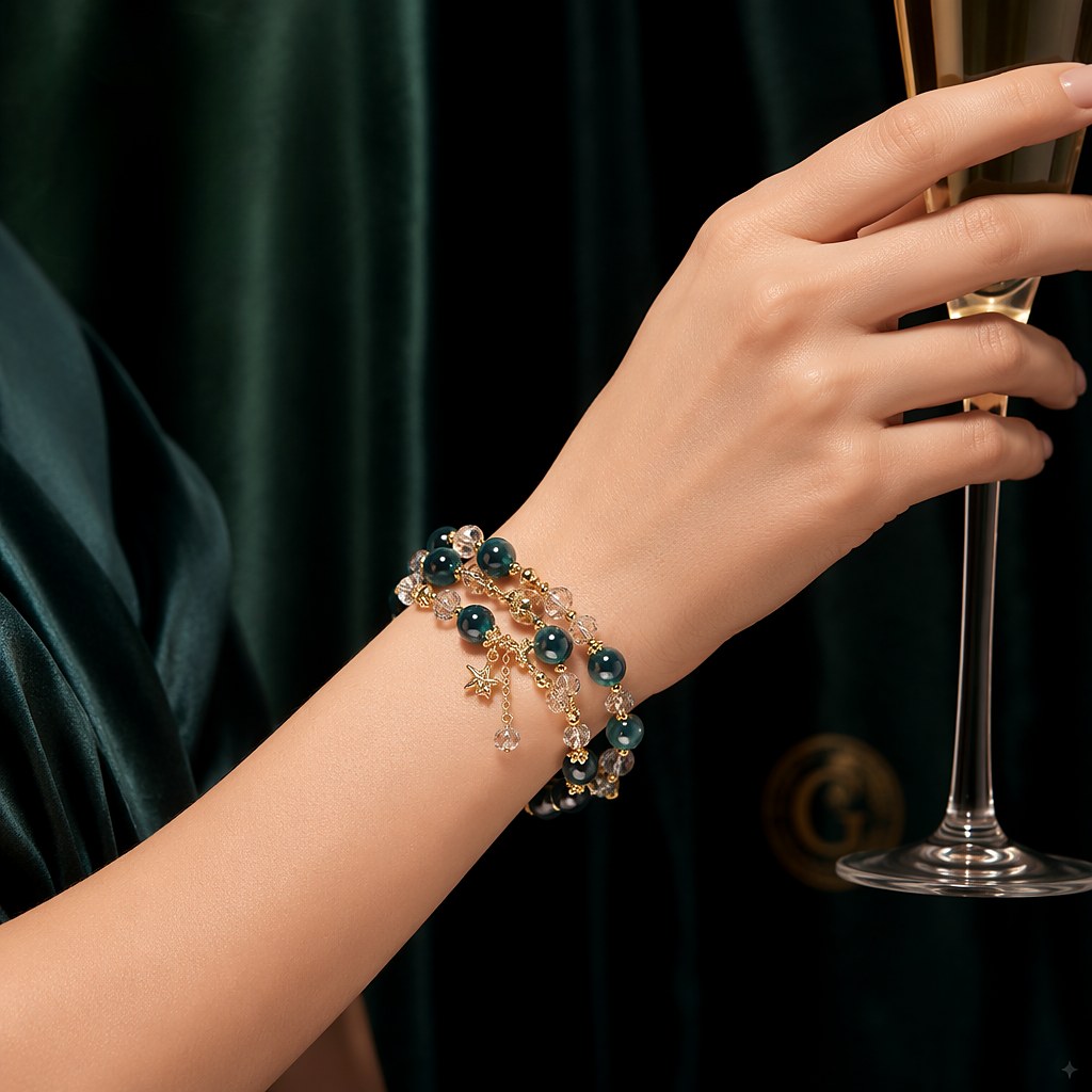 Starlit Azure Wrap double-wrap bracelet with chatoyant deep teal blue tiger's eye beads, faceted clear crystal rondelles