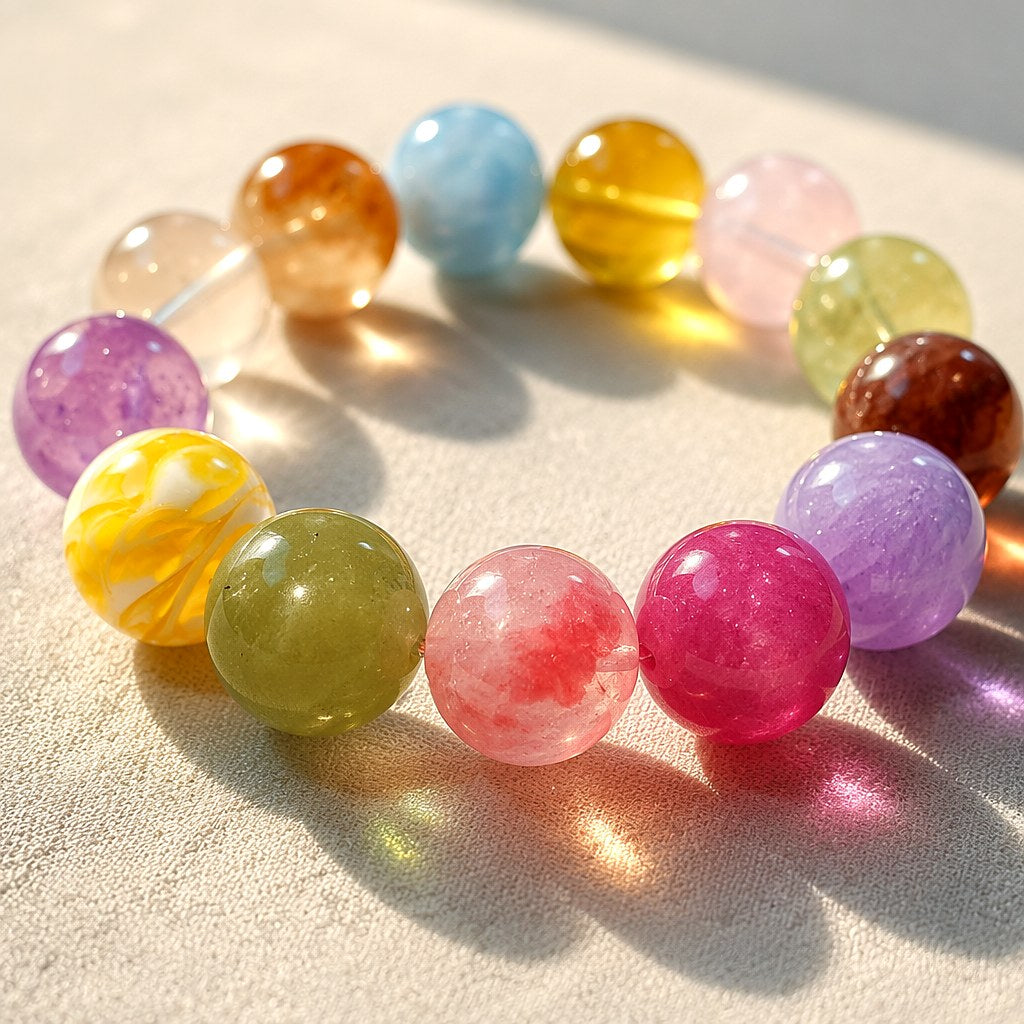 Radiant Treasures multi-crystal stretch bracelet with 15mm candy-colored amethyst, aquamarine, citrine and rose quartz b