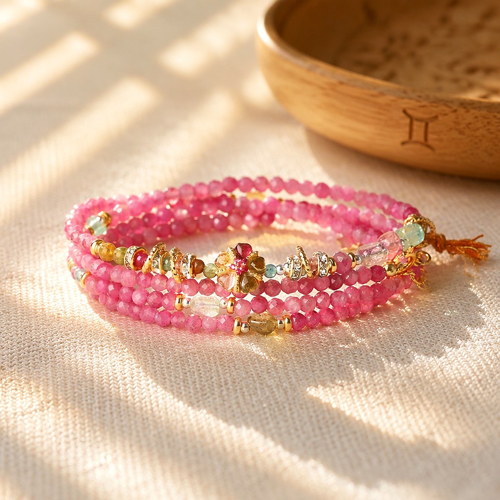 Gemini zodiac triple-wrap bracelet in faceted pink and multicolor tourmaline with sterling silver five-petal flower char