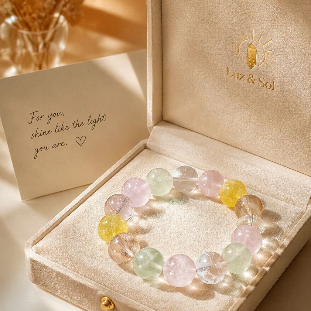 Rainbow Candy crystal bracelet with chunky pastel beads of rose quartz, green fluorite, amethyst, yellow fluorite and ci