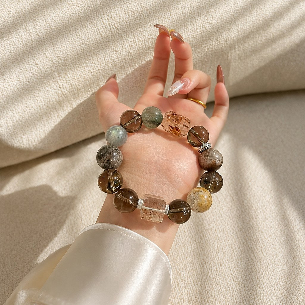 Tierra Dorada super seven, smoky quartz, green phantom quartz and moonstone beaded stretch bracelet in earthy brown, sag