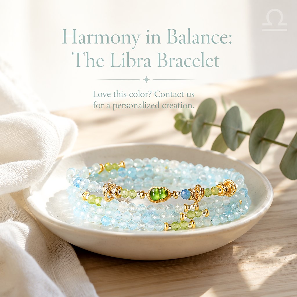 Libra zodiac triple-wrap bracelet with faceted aquamarine and 3mm prehnite mini beads, gold-tone gourd charm and silk ta
