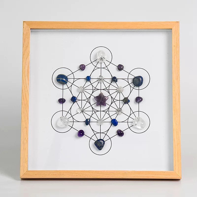 Light natural wood framed Metatron's Cube crystal grid with a carved faceted amethyst star centerpiece, navy lapis lazul