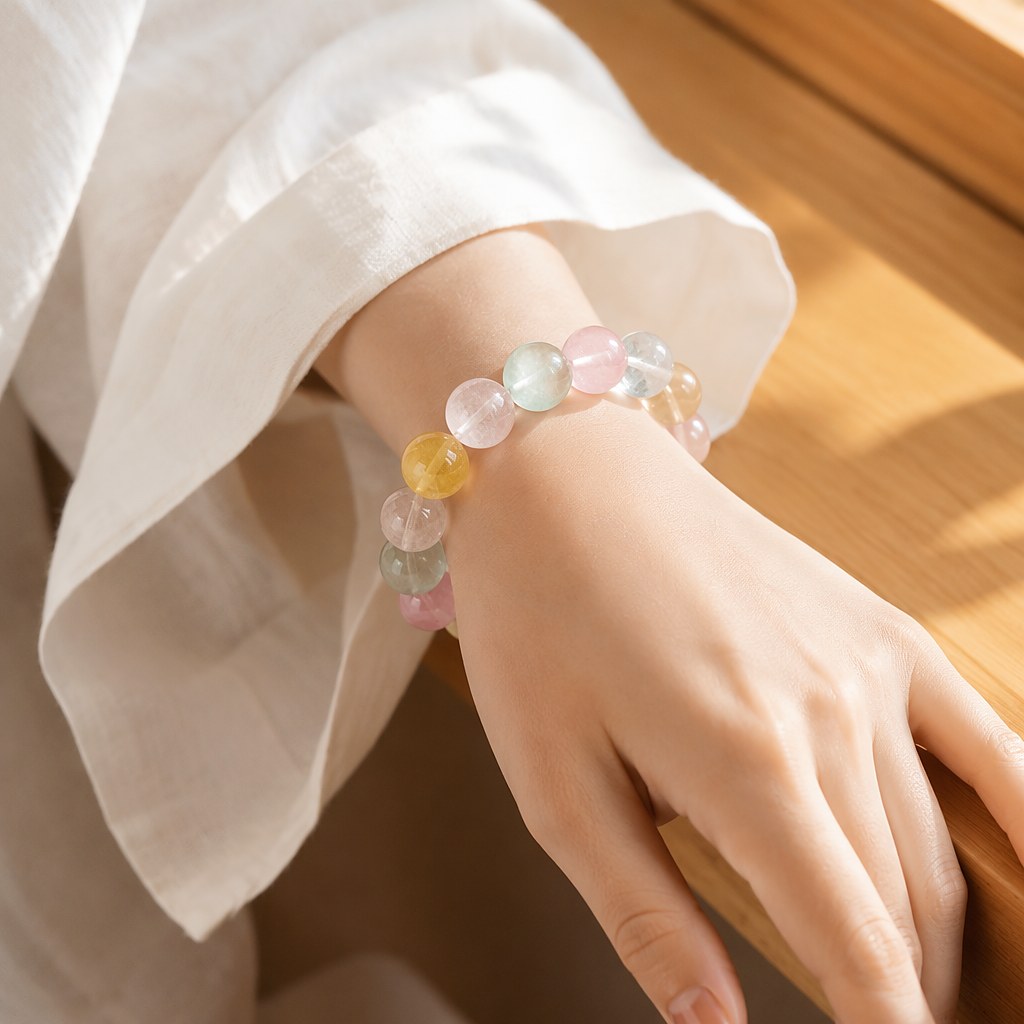 Radiant Treasures multi-crystal stretch bracelet with 15mm candy-colored amethyst, aquamarine, citrine and rose quartz b