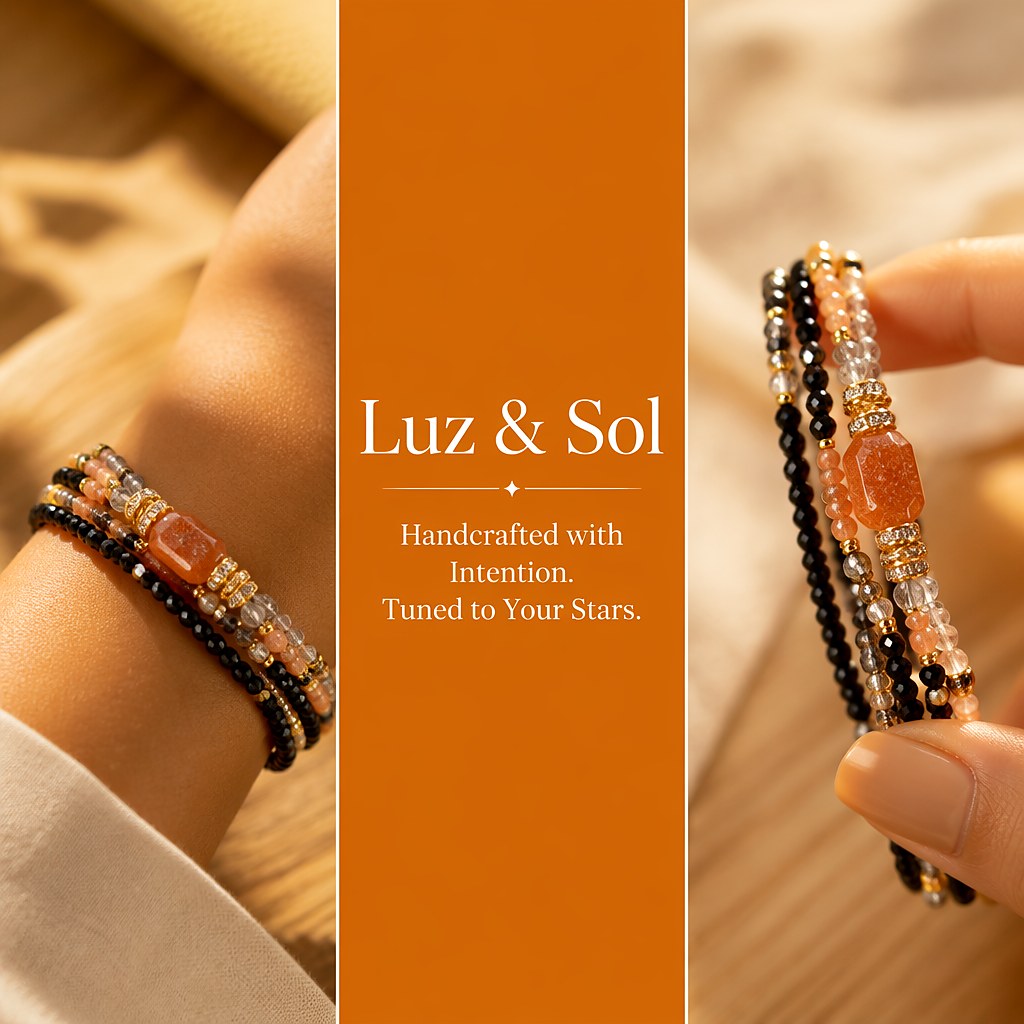 Sagittarius zodiac triple-wrap bracelet with black tourmaline beads, a 7mm sunstone statement bead, clear quartz spacers