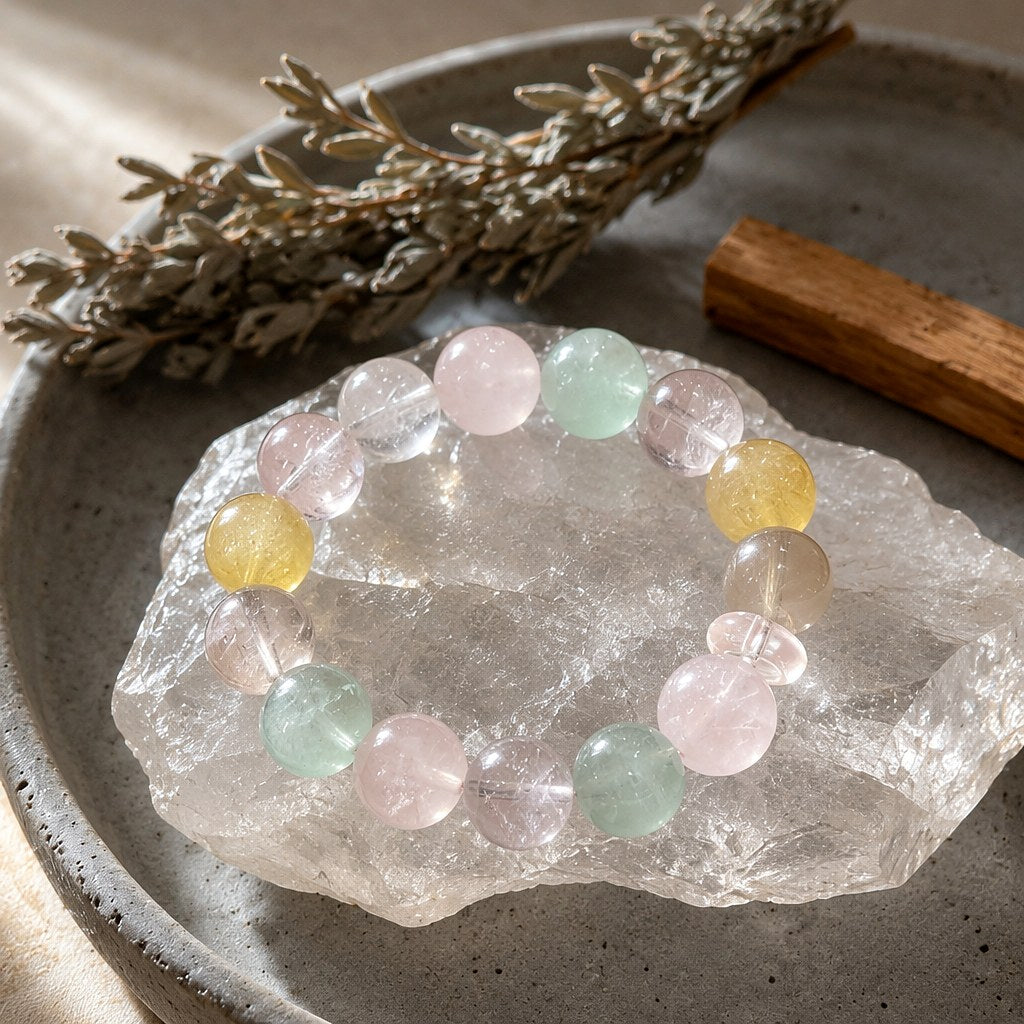 Rainbow Candy crystal bracelet with chunky pastel beads of rose quartz, green fluorite, amethyst, yellow fluorite and ci