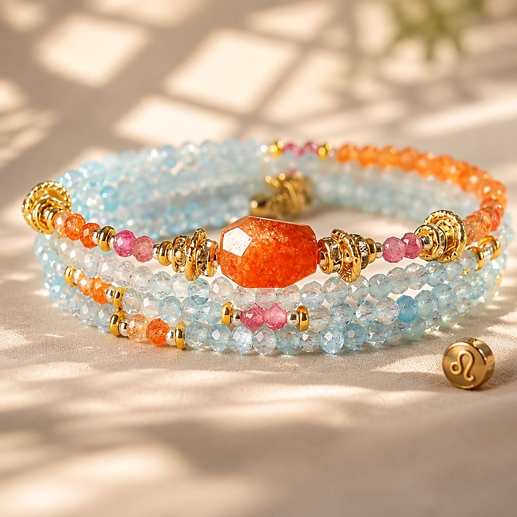 Leo zodiac triple-wrap bracelet with faceted blue aquamarine mini beads, 13mm sunstone statement bead, pink tourmaline a
