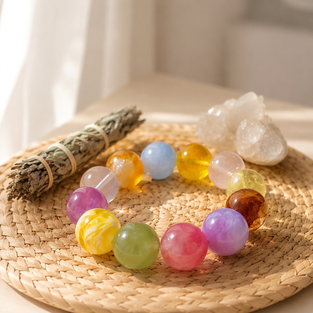 Radiant Treasures multi-crystal stretch bracelet with 15mm candy-colored amethyst, aquamarine, citrine and rose quartz b