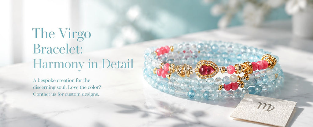 Virgo zodiac wrap bracelet with faceted aquamarine and pink tourmaline mini beads, gold-tone heart charm and silk tassel