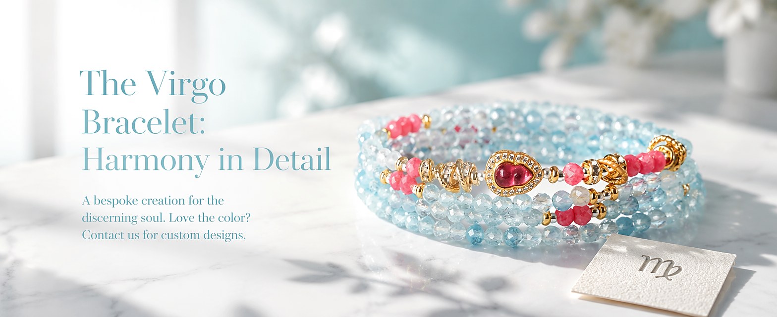 Virgo zodiac wrap bracelet with faceted aquamarine and pink tourmaline mini beads, gold-tone heart charm and silk tassel