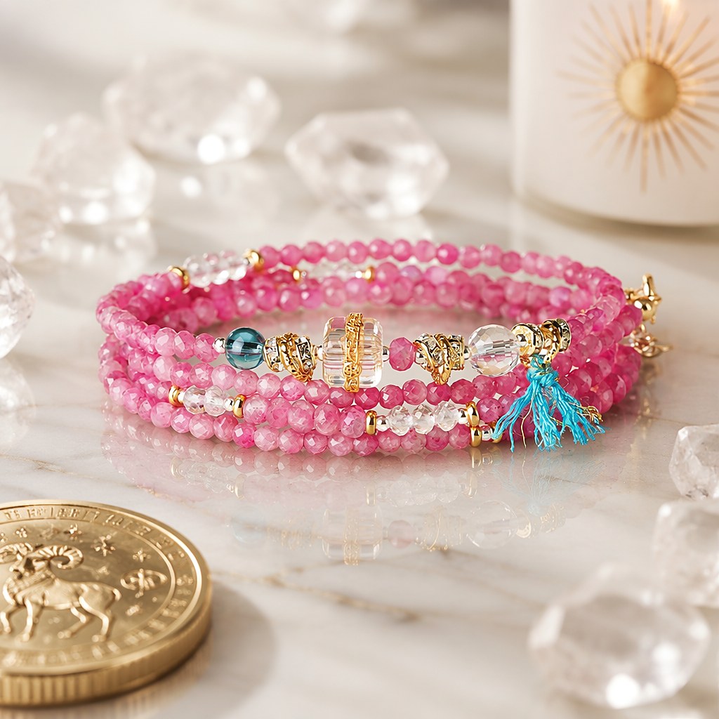 Aries zodiac triple-wrap bracelet with faceted pink tourmaline, clear quartz and aquamarine beads, gold-tone ram charm a