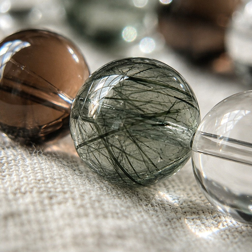 Misty Grove bracelet with large 14mm smoky quartz, green rutilated quartz and clear quartz beads on clear elastic cord