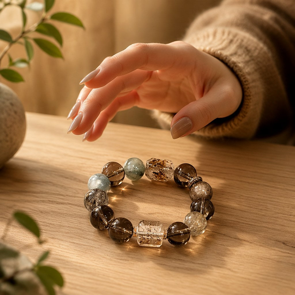 Tierra Dorada super seven, smoky quartz, green phantom quartz and moonstone beaded stretch bracelet in earthy brown, sag