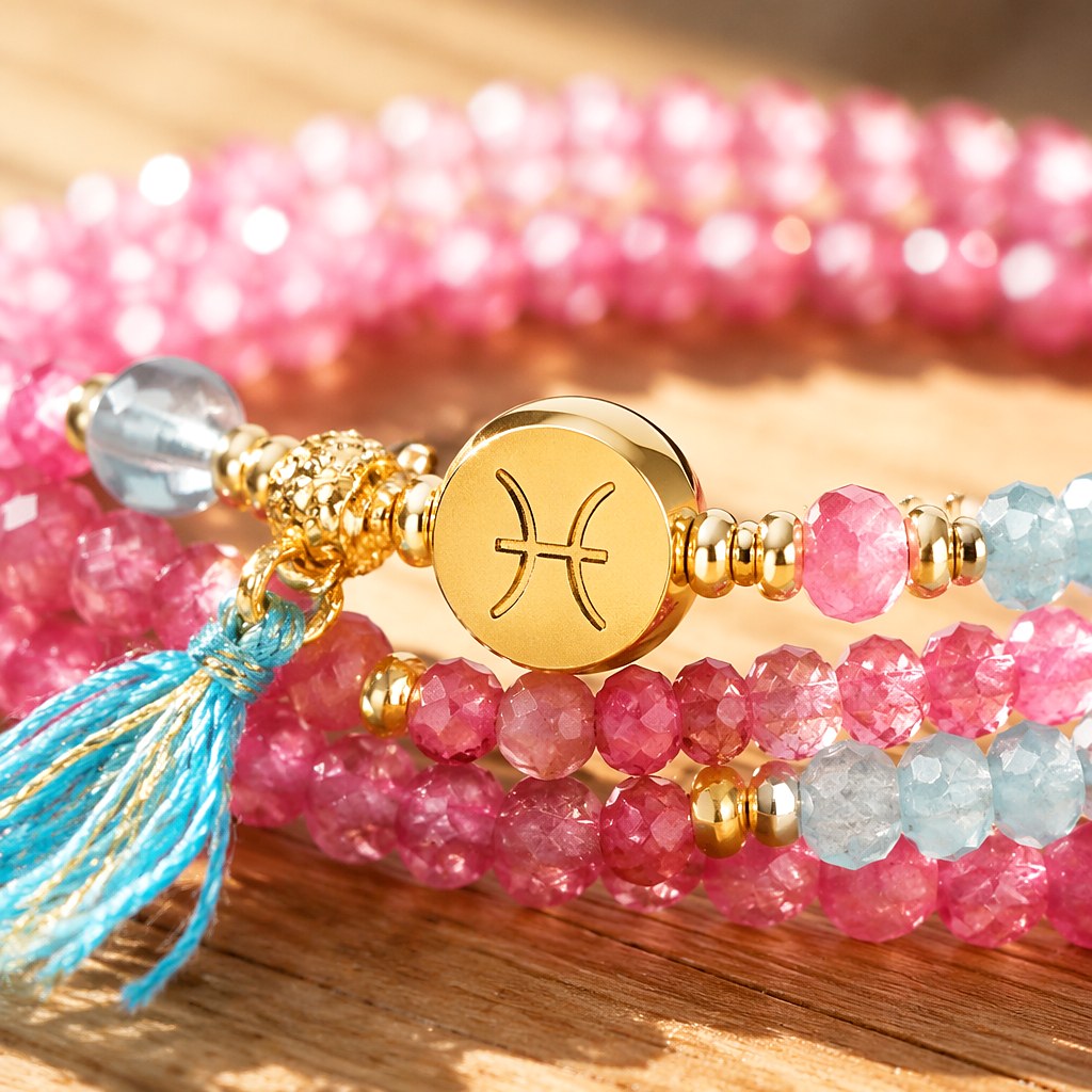 Pisces zodiac triple-wrap bracelet with faceted pink tourmaline and aquamarine mini beads, gold-tone Pisces charm, aquam